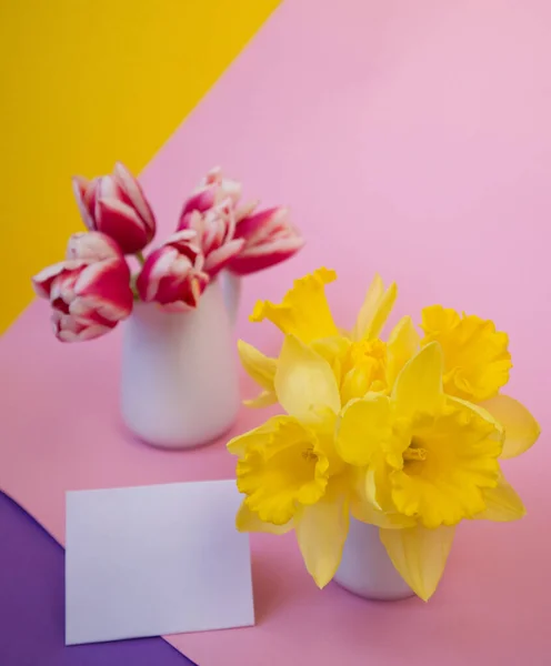 White empty postcard near vases with spring flowers on colored background close up