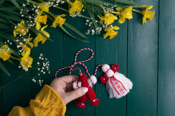 Hands hold a Martenitsa, Martisor, on a green wooden table framed with yellow daffodils top view