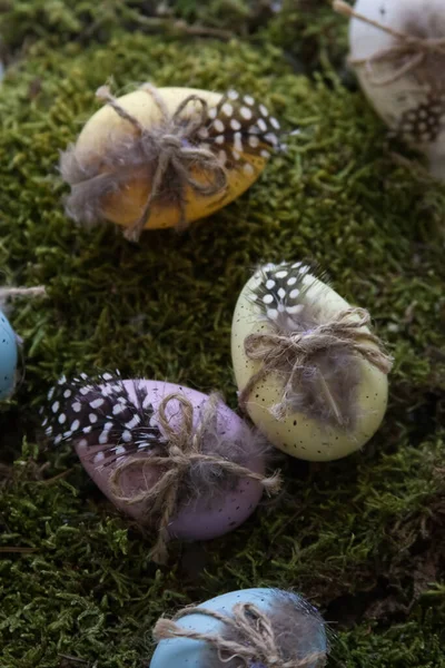 Easter eggs decorated with feathers close up on moss. High quality photo