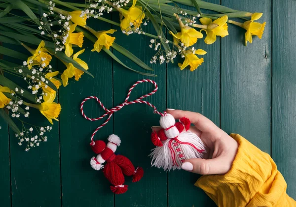 Hands hold a Martenitsa, Martisor, on a green wooden table framed with yellow daffodils top view