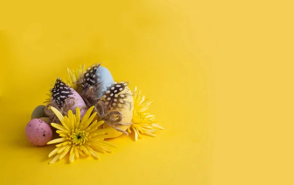 Easter eggs in a composition with yellow flowers and macaroons on a yellow background copy space