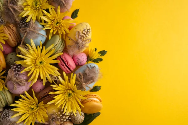 Easter eggs in a composition with yellow flowers and macaroons on a yellow background copy space