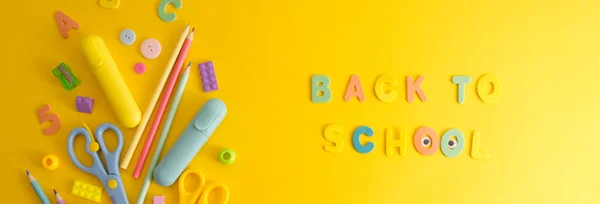 School Supplies Frame Text Center Yellow Background Flat Lay High — Stock Photo, Image