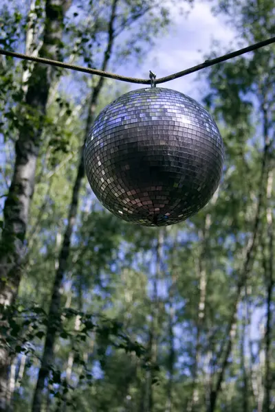 Ormanın ortasında asılı ayna disko topu.