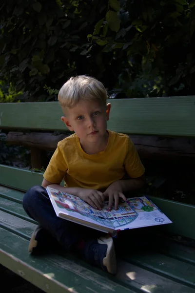 A preschool boy sits on a park bench and reads a picture book