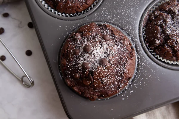Chocolate muffins with chocolate chips in a muffin pan close up. High quality photo