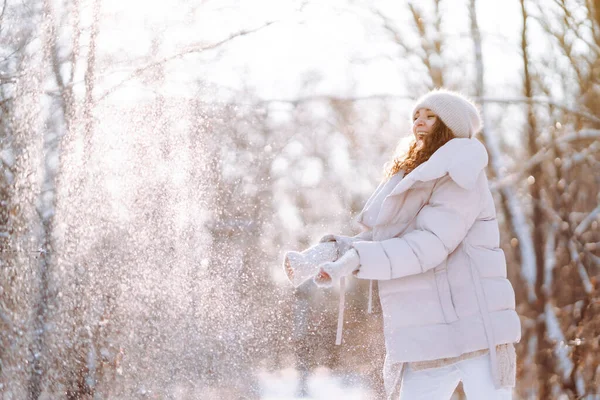 Young Woman Plays Snow Sunny Winter Day Cold Weather Holidays — Stock Photo, Image
