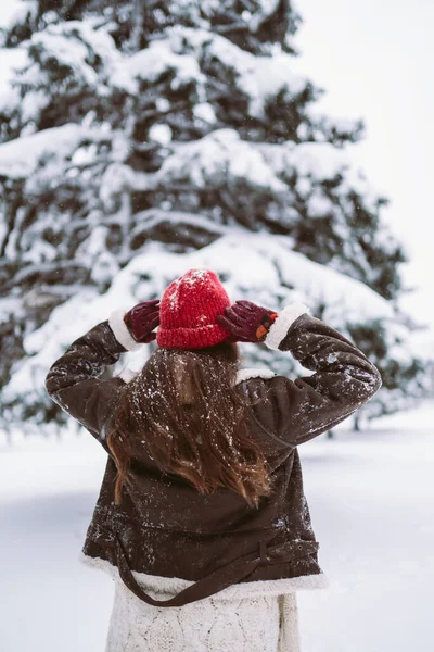 Hermosa Mujer Con Ropa Invierno Moda Caminando Naturaleza Invierno Vacaciones — Foto de Stock