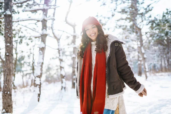 Happy Woman Standing Snowy Trees Enjoying First Snow Holidays Rest — Stock Photo, Image
