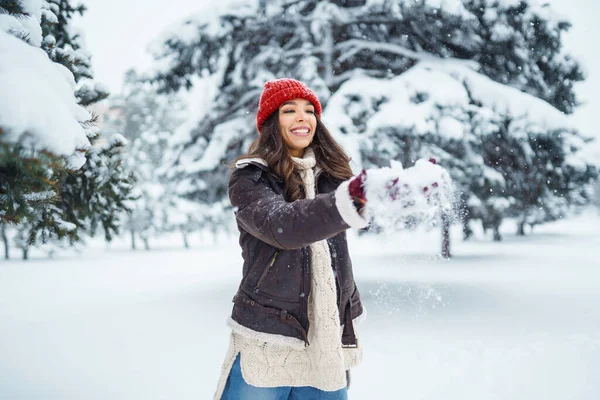 Happy Woman Enjoying First Snow Forest Holidays Rest Travel Concept — Stock Photo, Image