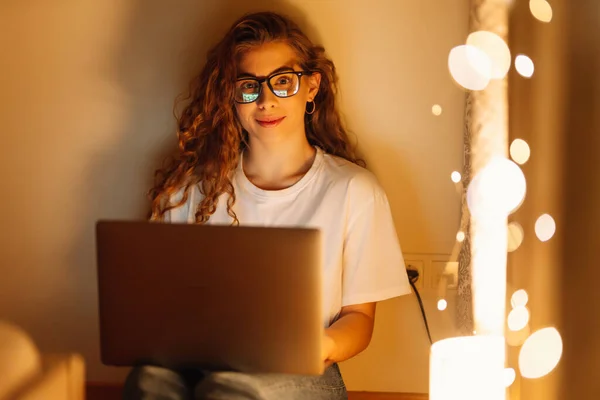 Young Woman Working Online Studying Sitting Home Late Night Business — 스톡 사진