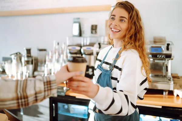 Barista Girl Holding Take Away Coffee Cafe Shop Takeaway Food — 스톡 사진