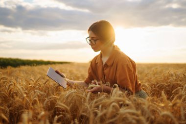 Young Female farmer with tablet in the field. Agriculture, gardening, business or ecology concept. Growth dynamics.