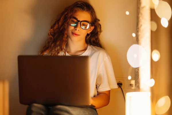 stock image Young woman with laptop. Social networking technology concept. Technology, Freelance, online course, remote work and lifestyle concept.