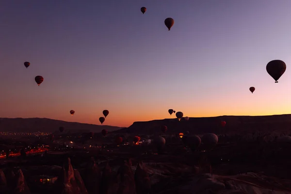 Flying Hot Air Balloons Rise Sunrise Cappadocia Goreme National Park — Stock Photo, Image