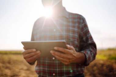 Erkek elleri toprağa dokunuyor ve ekmeden önce toprağın kalitesini kontrol ediyor. Akıllı çiftlik. Tarım, bahçıvanlık veya ekoloji kavramı.