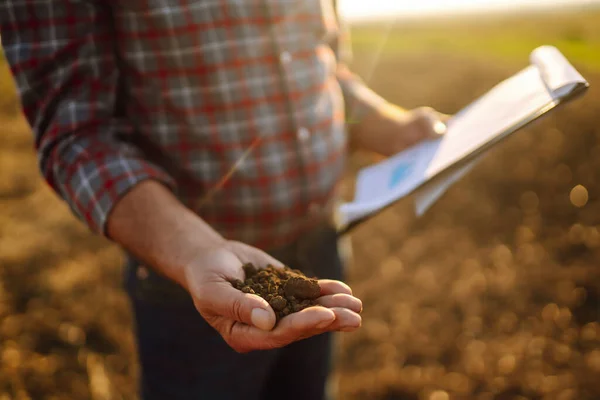 Male Hands Touching Soil Checks Quality Soil Sowing Smart Farm — Stock Photo, Image
