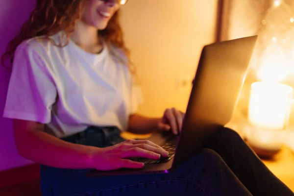 stock image Young woman with laptop. Freelance or studying concept. Online training, shopping, blogging.