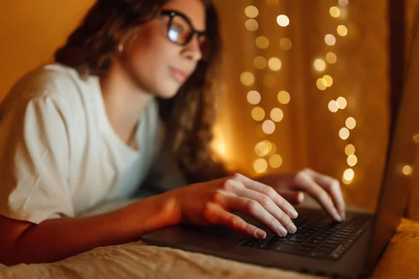 stock image Young woman with laptop. Freelance or studying concept. Online training, shopping, blogging.