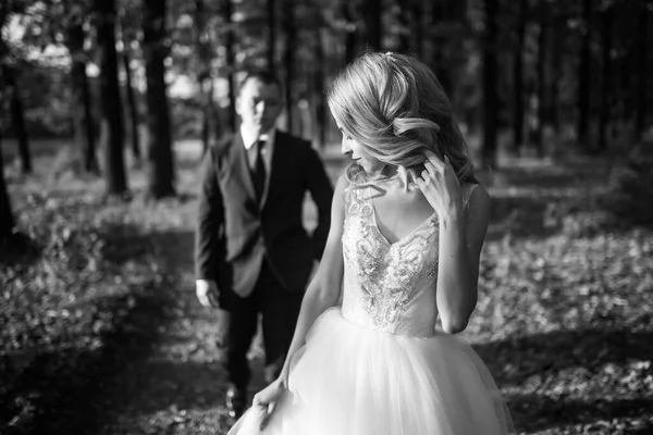公園を散歩するための白いドレスで美しい花嫁の黒と白の写真 結婚式の日 結婚だ ファッション花嫁 — ストック写真