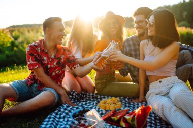 Piknikte güneşli çayırlarda neşeli arkadaşlar dinleniyor, bira içiyor, şerefe. Tarz sahibi arkadaşlar güzel yeşil çayırlarda güneşli bir günün tadını çıkarırlar. Tatil, piknik, arkadaşlık veya bayram konsepti.