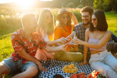 Piknikte güneşli çayırlarda neşeli arkadaşlar dinleniyor, bira içiyor, şerefe. Tarz sahibi arkadaşlar güzel yeşil çayırlarda güneşli bir günün tadını çıkarırlar. Tatil, piknik, arkadaşlık veya bayram konsepti.