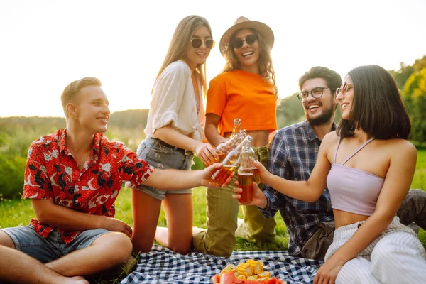 Cheerful Company Sunny Meadow Picnic Resting Drinking Beer Cheers Stylish — Stock Photo, Image