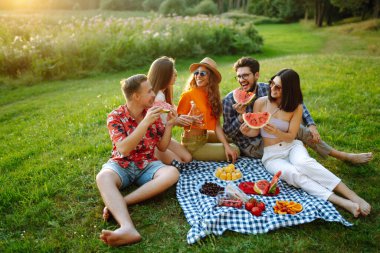 Piknikte dinlenen, bira içen arkadaşın kutlu olsun, şerefe. İnsanlar, yaşam tarzı, rahatlama ve tatil kavramı.