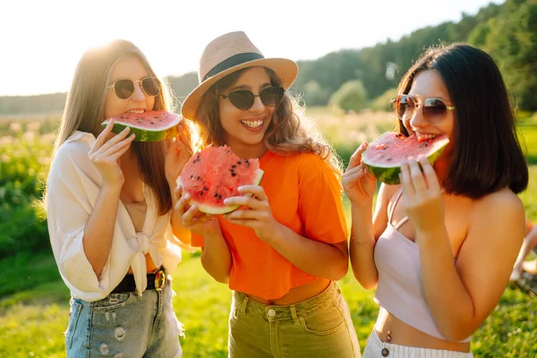 3人の女性は ピクニックスイカを食べて自然の中で 笑って休んで ピクニック 友情や休日の概念 — ストック写真