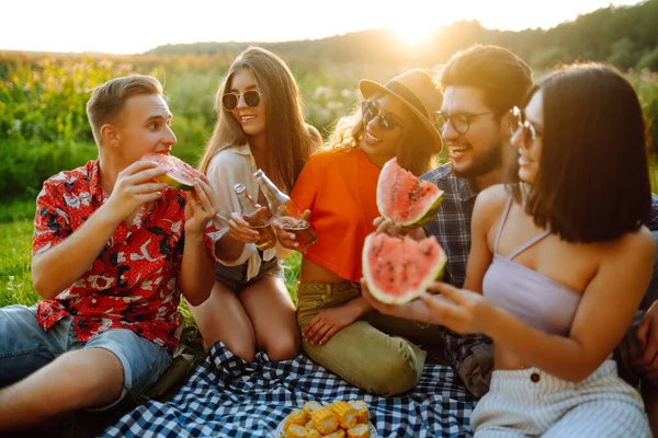 ピクニックを飲むビールで自然の中で休んで友人の幸せなグループは ライフスタイル リラクゼーション 休暇のコンセプト — ストック写真