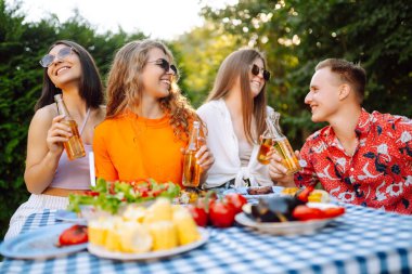 Bir grup genç arkadaş doğada bira eşliğinde piknik yapıyorlar. İnsanlar, yaşam tarzı, rahatlama ve tatil kavramı.