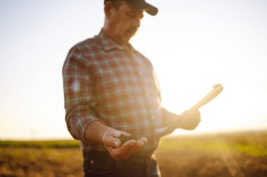 Erkek eller sahada toprağa dokunuyor. Toprak süren işçiler. Tarım. Verimli topraklar.