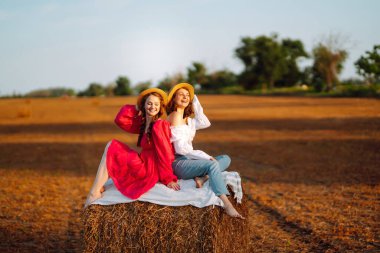 Gün batımında samanlığın yanında iki genç kadın. Doğa, tatil, rahatlama ve yaşam tarzı.