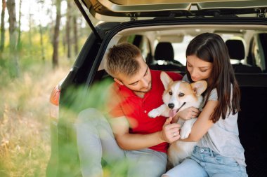 Seyahat ederken köpeğiyle birlikte arabasının arka koltuğunda sevgi dolu ve sevgi dolu bir çiftin portresi. Aktif yaşam tarzı, seyahat, aşk ve tatil kavramı. Evcil hayvan ve insan.