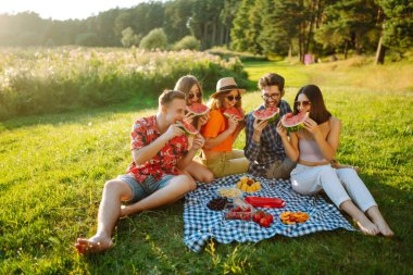 Bir grup arkadaş birlikte eğlenir ve sıcak yaz gününde karpuz yerler. İnsanlar, yaşam tarzı, seyahat, doğa ve tatil kavramı. 