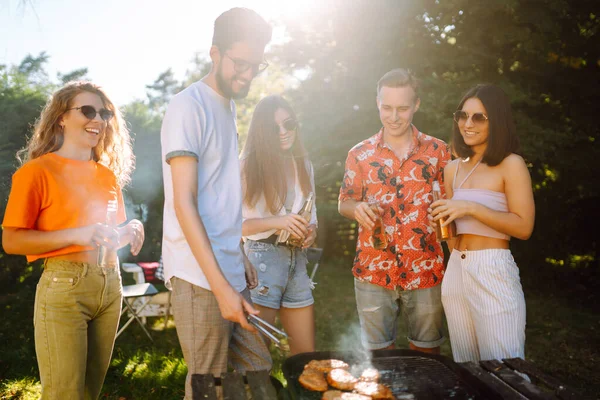 Ompany People Having Bbq Party Summer Park Friends Grill Meat — Stock Photo, Image