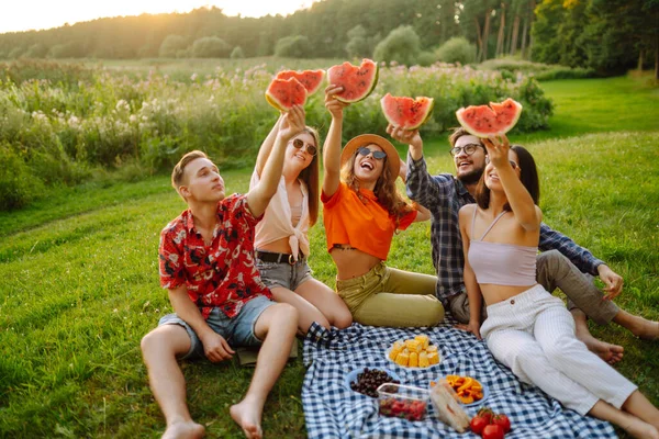 Group Friends Have Fun Together Eating Watermelon Hot Summer Day — Stock Photo, Image