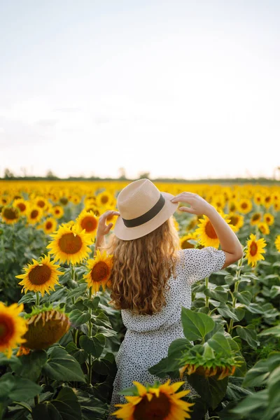 stock image Happy young woman surrounded by yellow sunflowers in full bloom, in a flower garden, traveling on holiday.