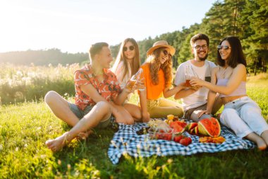 Bir grup genç, piknik için bahçede toplandı. Arkadaşlar eğlenir ve bira içerler. Tatil, piknik, arkadaşlık veya bayram konsepti.