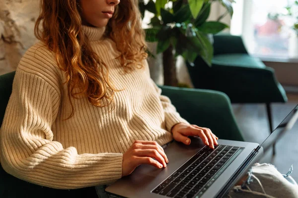 stock image Female hands working on a laptop, close-up. Business, technology, internet and networking concept.