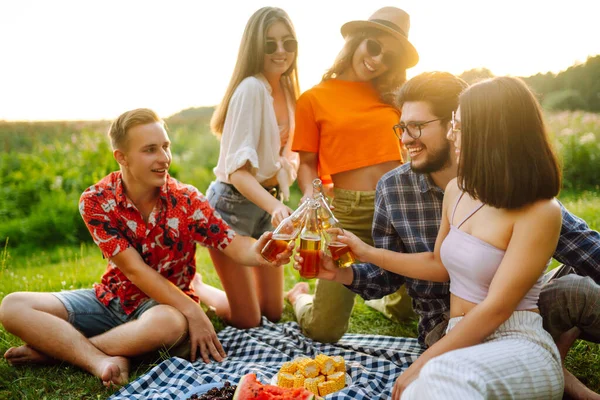 Grupa Młodych Ludzi Zebrała Się Ogrodzie Piknik Przyjaciele Dobrze Się — Zdjęcie stockowe