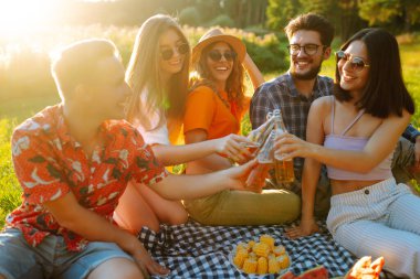 Bir grup mutlu arkadaş yaz parkında şerefe içiyor ve bira içiyor. Tatil, piknik, arkadaşlık veya bayram konsepti.
