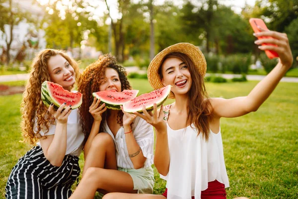 3人の若い女性が芝生でリラックスし スイカを食べ 電話で自撮りします 夏のコンセプト — ストック写真