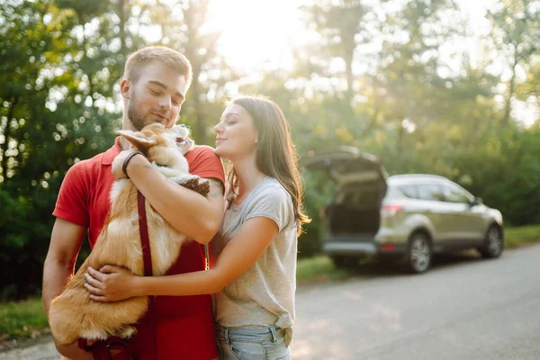Young Couple Together Beloved Pet Walk Domestic Dog Concept Concept — Stock Photo, Image