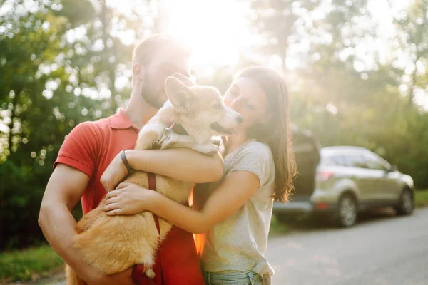 Young Couple Together Beloved Pet Walk Domestic Dog Concept Concept — Stock Photo, Image