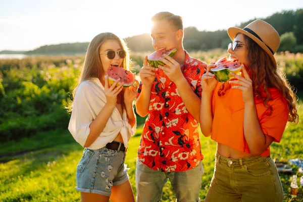Jóvenes Amigos Comiendo Sandía Picnic Gente Disfruta Del Verano Concepto —  Fotos de Stock