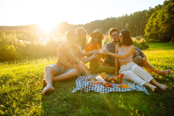 Bir grup mutlu arkadaş yaz parkında şerefe içiyor ve bira içiyor. Tatil, piknik, arkadaşlık veya bayram konsepti.