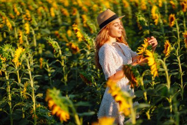 Ayçiçeği tarlasında elbise ve şapkayla poz veren güzel bir kadın. Moda, yaşam tarzı, seyahat ve tatil kavramı.
