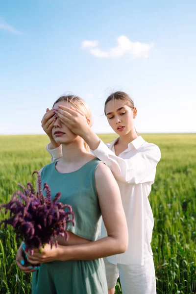 Две Красивые Женщины Позируют Зеленом Поле Летний Пейзаж Мода Концепция — стоковое фото
