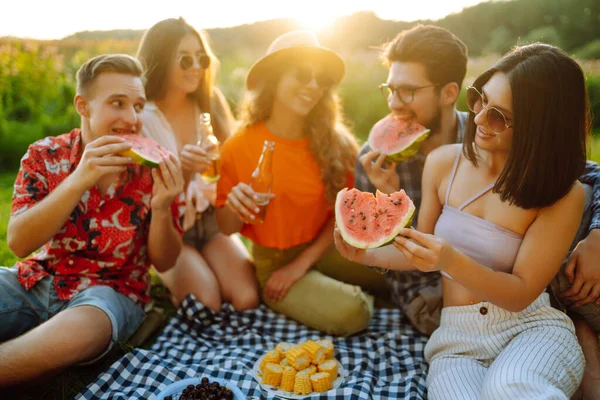 屋外のピクニックで自由な時間を受け入れるスイカを食べる会議を集めている魅力的な陽気な人々 ライフスタイル 休暇の概念 — ストック写真